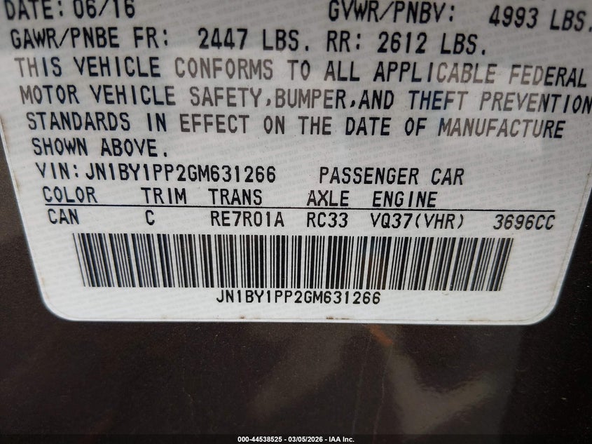 2016 Infiniti Q70L 3.7 VIN: JN1BY1PP2GM631266 Lot: 44538525