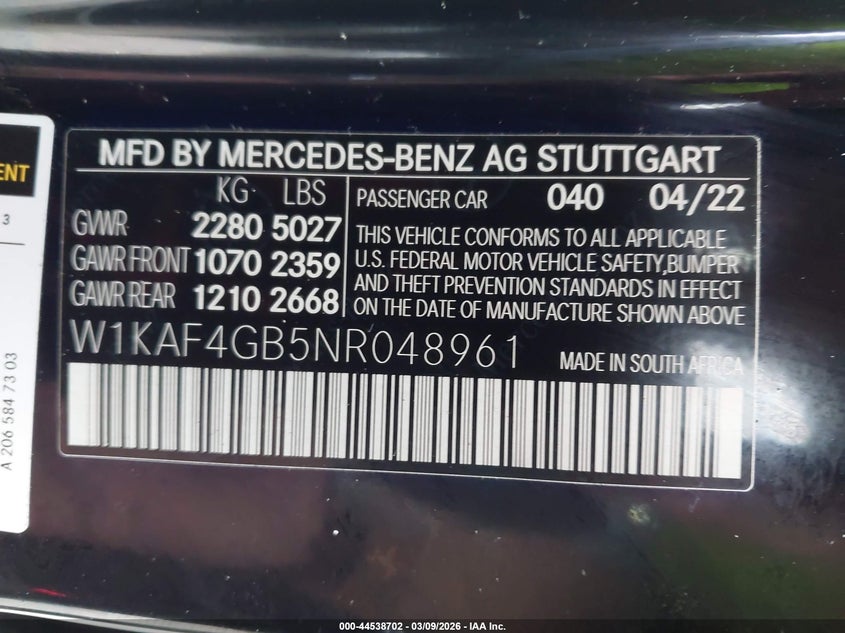 2022 Mercedes-Benz C 300 Sedan VIN: W1KAF4GB5NR048961 Lot: 44538702