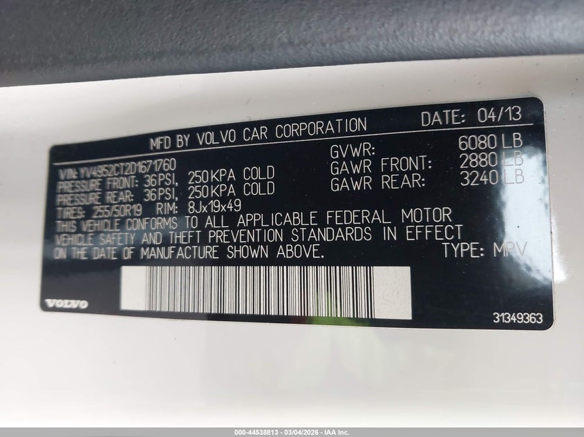 2013 Volvo Xc90 3.2 R-Design/3.2 R-Design Platinum/3.2 R-Design Premier Plus VIN: YV4952CT2D1671760 Lot: 44538813