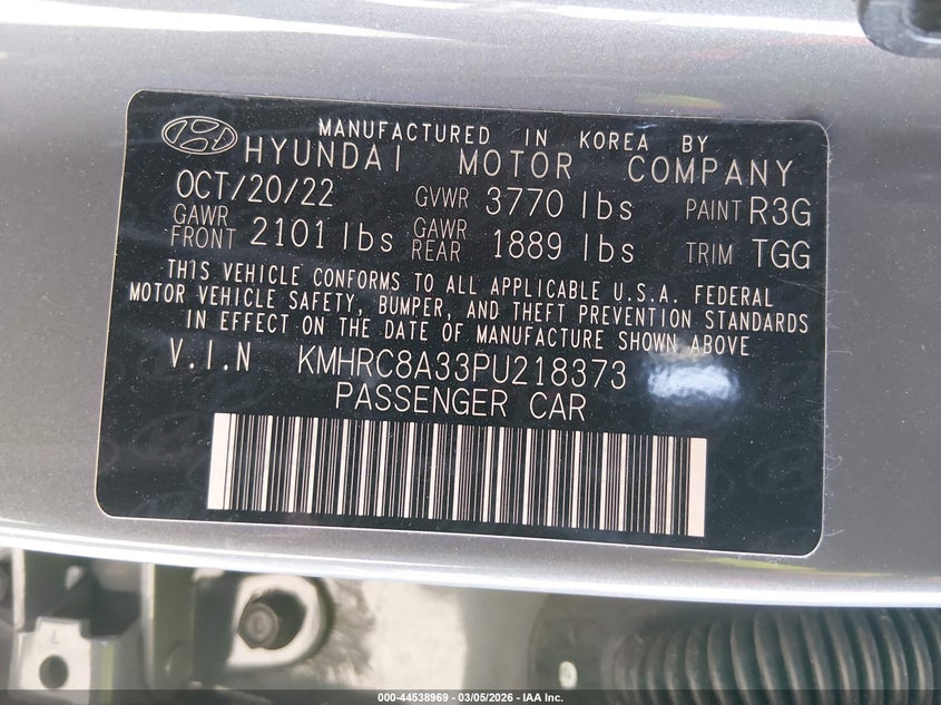2023 Hyundai Venue Sel VIN: KMHRC8A33PU218373 Lot: 44538969