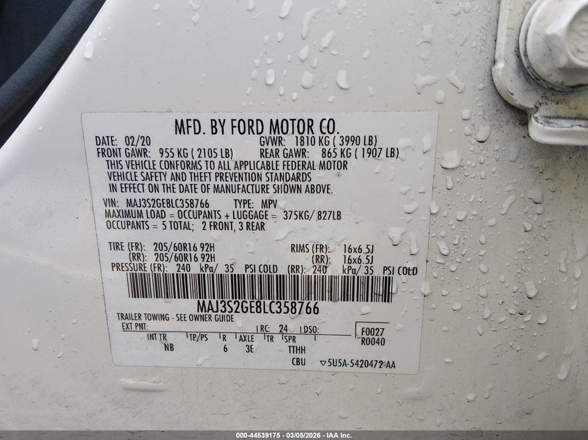 VIN MAJ3S2GE8LC358766 2020 FORD ECOSPORT SE