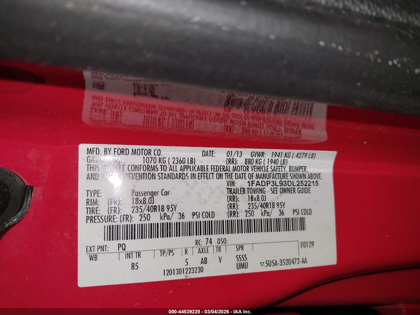 2013 Ford Focus St VIN: 1FADP3L93DL252215 Lot: 44539228