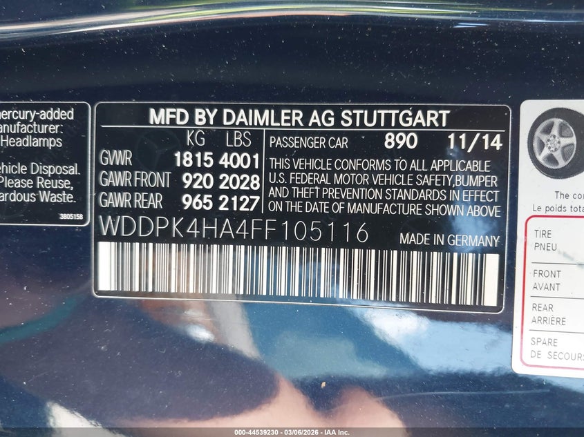 2015 Mercedes-Benz Slk 250 VIN: WDDPK4HA4FF105116 Lot: 44539230