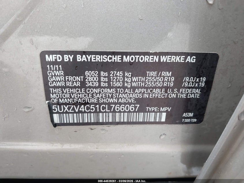 2012 BMW X5 3.0 xDrive35I/xDrive35I Premium/xDrive35I Sport Activity gold Lot 111044539261 Vin 5UXZV4C51CL766067