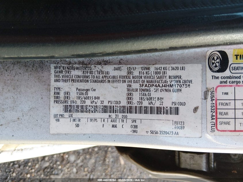 VIN 3FADP4AJ4HM170758 2017 FORD FIESTA S