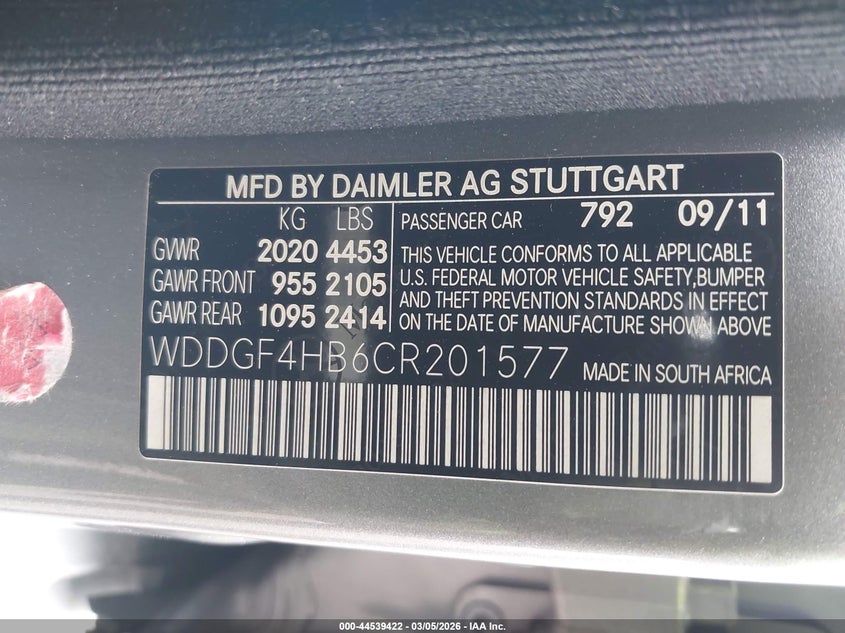 2012 Mercedes-Benz C 250 Sport VIN: WDDGF4HB6CR201577 Lot: 44539422