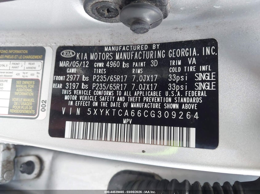 2012 Kia Sorento Lx VIN: 5XYKTCA66CG309264 Lot: 44539465