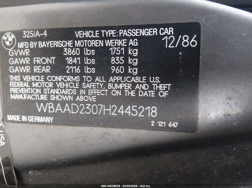 1987 BMW 325 I Automatic VIN: WBAAD2307H2445218 Lot: 44539626