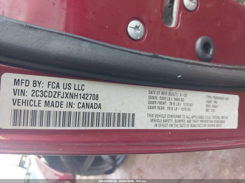 2022 Dodge Challenger R/T Scat Pack VIN: 2C3CDZFJXNH142708 Lot: 44539728