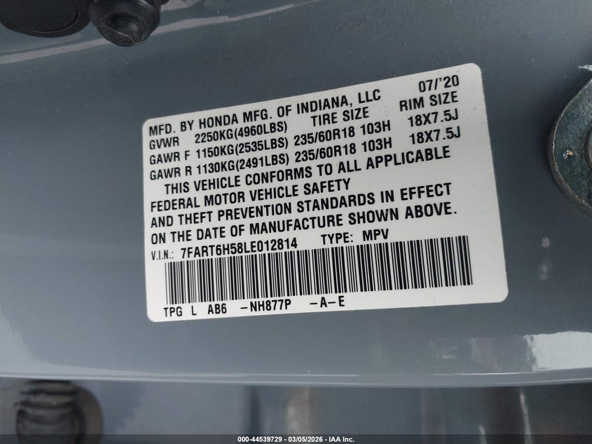 VIN 7FART6H58LE012814 2020 HONDA CR-V HYBRID EX