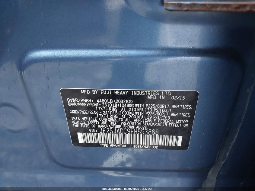 2015 Subaru Forester 2.5I Premium VIN: JF2SJADC9FH593868 Lot: 44540003