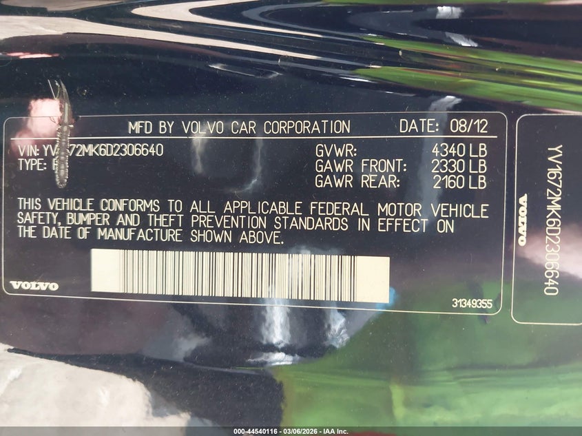 2013 Volvo C30 T5 VIN: YV1672MK6D2306640 Lot: 44540116