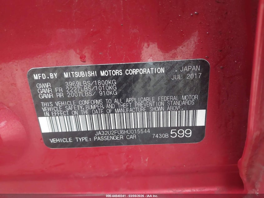 2017 Mitsubishi Lancer Le VIN: JA32U2FU6HU015544 Lot: 44540341