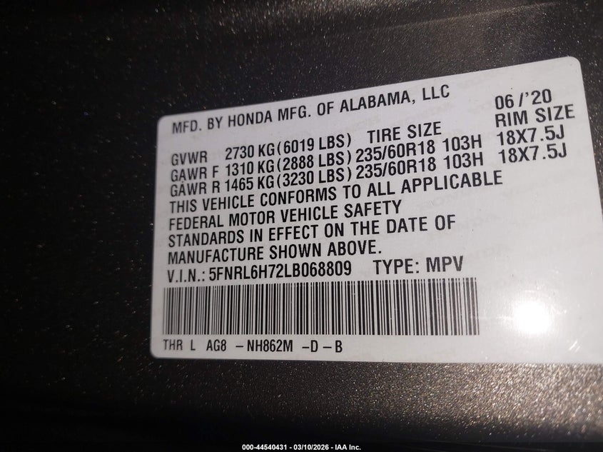 VIN 5FNRL6H72LB068809 2020 HONDA ODYSSEY EX-L/EX-L W/NAVI   RES