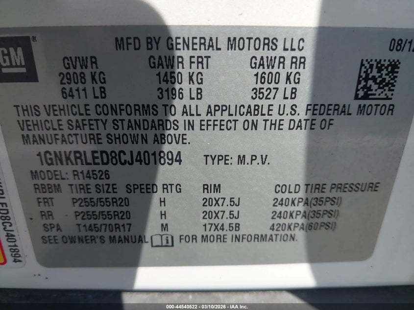 2012 Chevrolet Traverse 3.6 Ltz white Lot 111044540522 Vin 1GNKRLED8CJ401894