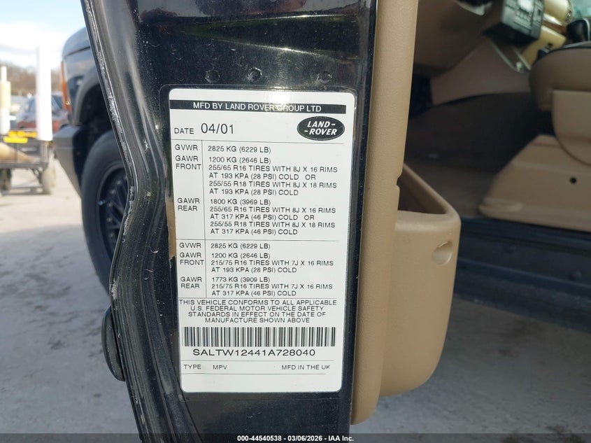 2001 Land Rover Discovery Series Ii VIN: SALTW12441A728040 Lot: 44540538