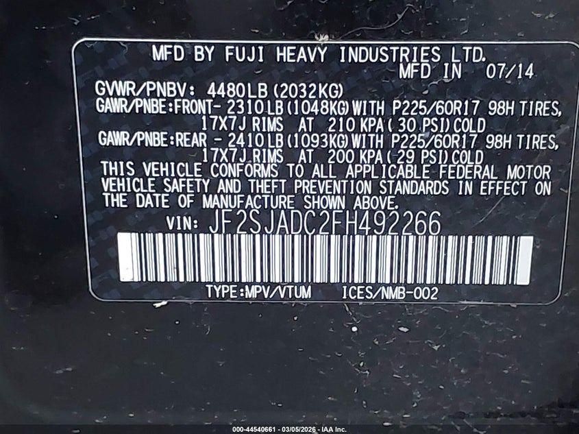 2015 Subaru Forester 2.5I Premium VIN: JF2SJADC2FH492266 Lot: 44540661