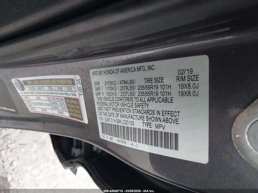 2019 Acura Rdx Standard VIN: 5J8TC1H38KL020105 Lot: 44540710