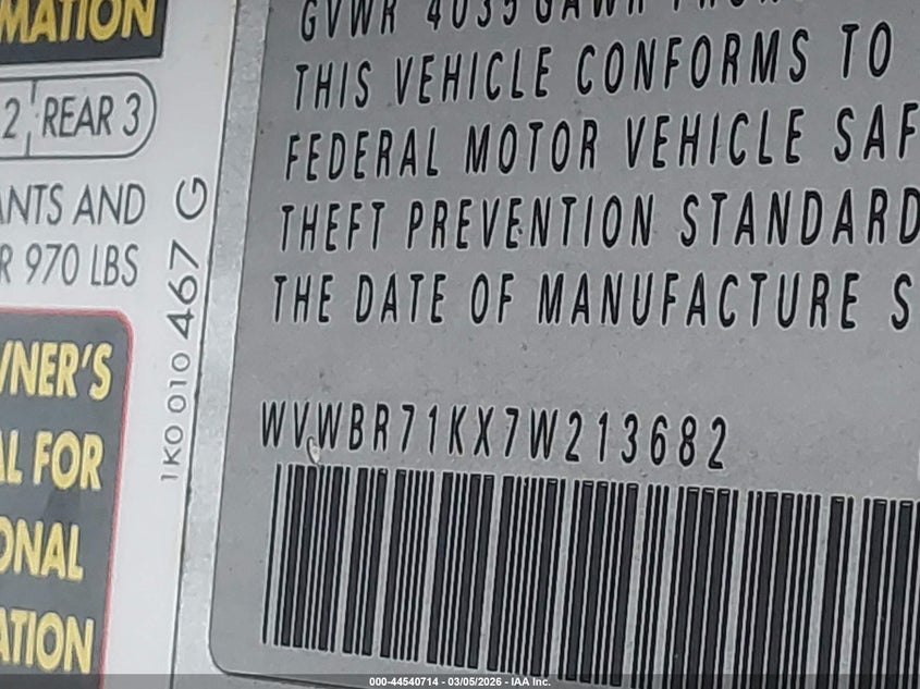 2007 Volkswagen Rabbit 2-Door VIN: WVWBR71KX7W213682 Lot: 44540714