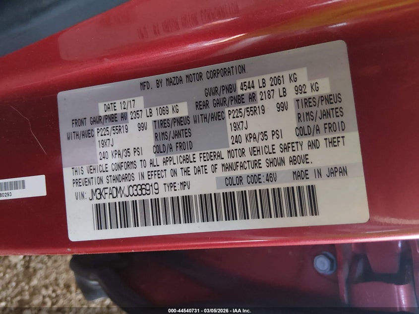 2018 Mazda Cx-5 Grand Touring VIN: JM3KFADMXJ0336919 Lot: 44540731