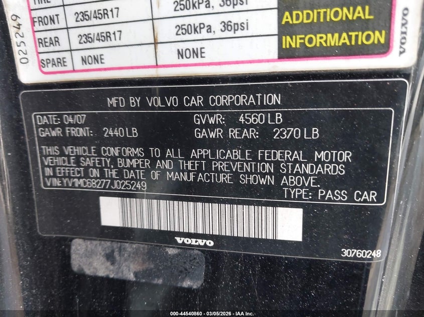 2007 Volvo C70 T5 VIN: YV1MC68277J025249 Lot: 44540860
