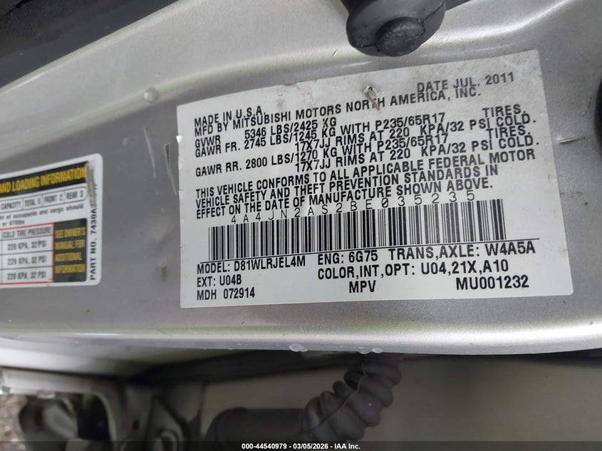 2011 Mitsubishi Endeavor VIN: 4A4JN2AS2BE035235 Lot: 44540979