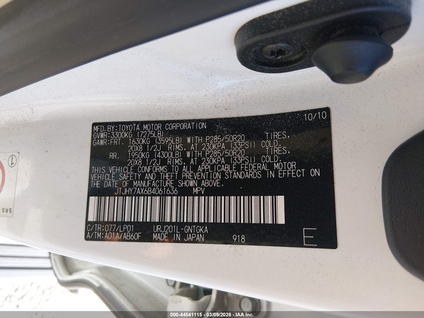 2011 Lexus Lx 570 VIN: JTJHY7AX6B4061636 Lot: 44541115