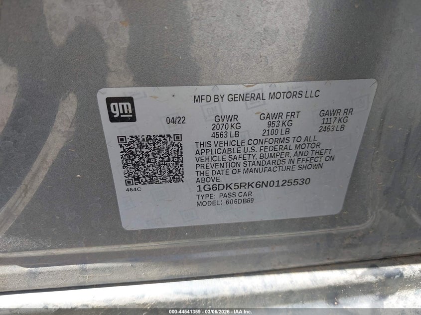 2022 Cadillac Ct4 Luxury VIN: 1G6DK5RK6N0125530 Lot: 44541359