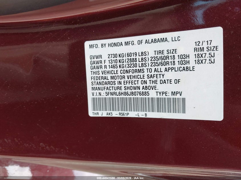 2018 Honda Odyssey Touring VIN: 5FNRL6H86JB076885 Lot: 44541556