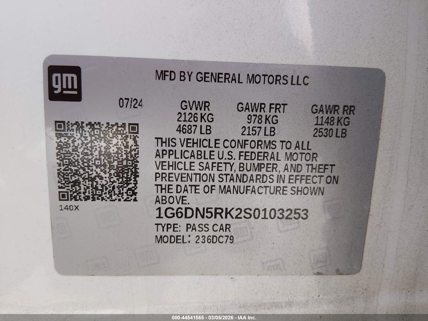 2025 Cadillac Ct5 Premium Luxury Rwd VIN: 1G6DN5RK2S0103253 Lot: 44541565