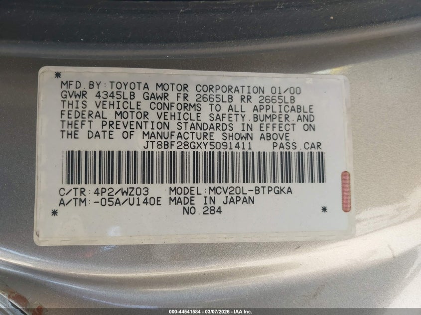 2000 Lexus Es 300 VIN: JT8BF28GXY5091411 Lot: 44541584