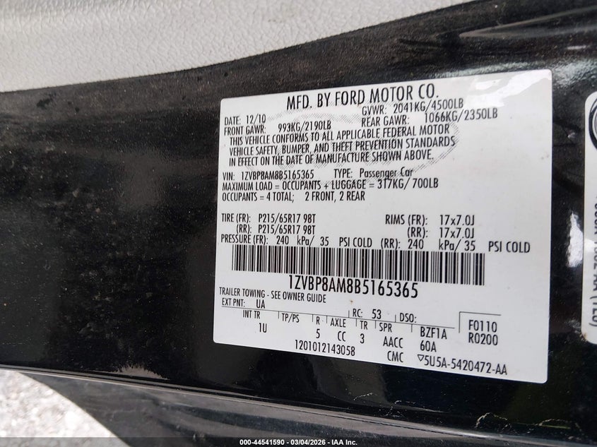 2011 Ford Mustang V6 VIN: 1ZVBP8AM8B5165365 Lot: 44541590