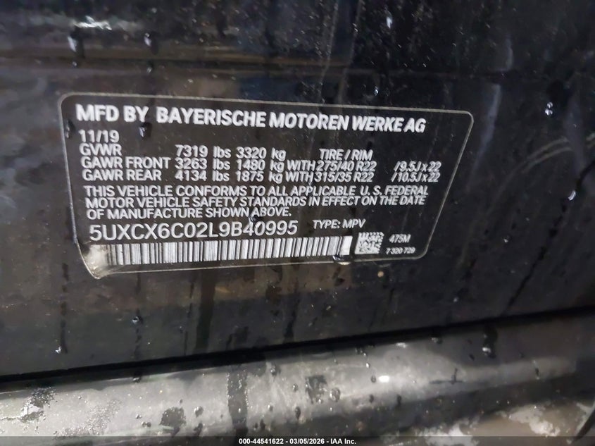 2020 BMW X7 M50I VIN: 5UXCX6C02L9B40995 Lot: 44541622