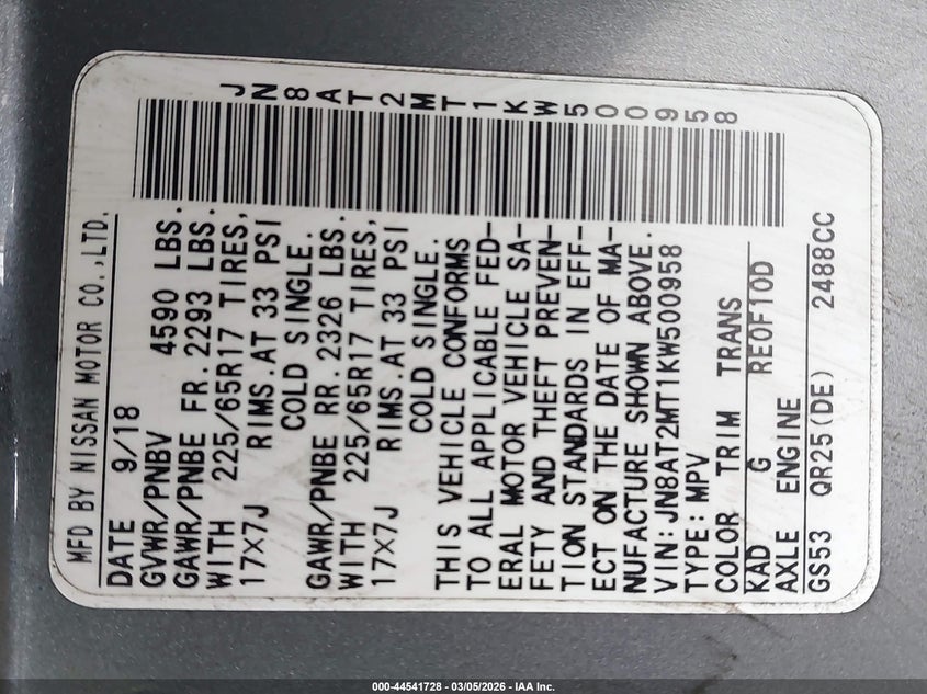 2019 Nissan Rogue Sv VIN: JN8AT2MT1KW500958 Lot: 44541728