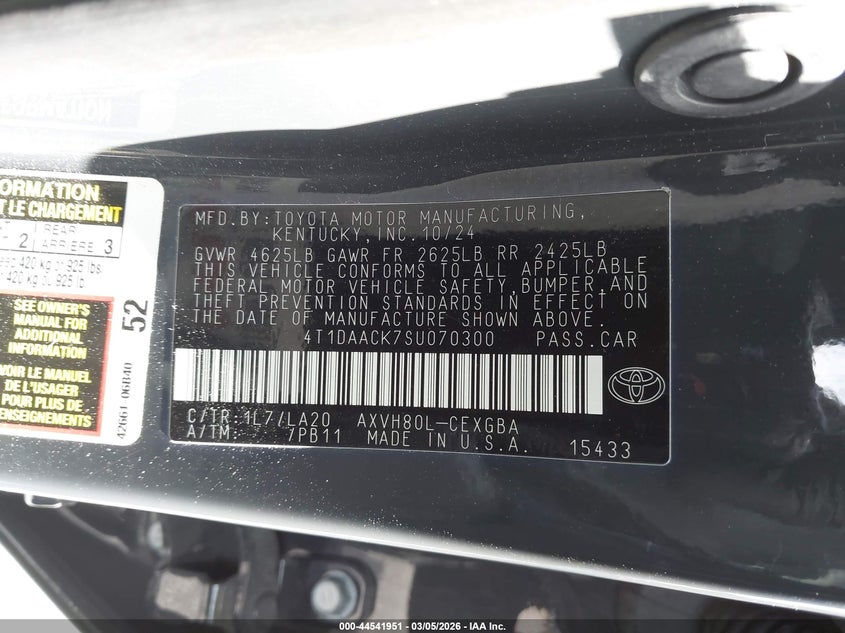 2025 TOYOTA CAMRY 2.5L I-4 DI, DOHC, V(VIN: 4T1DAACK7SU070300