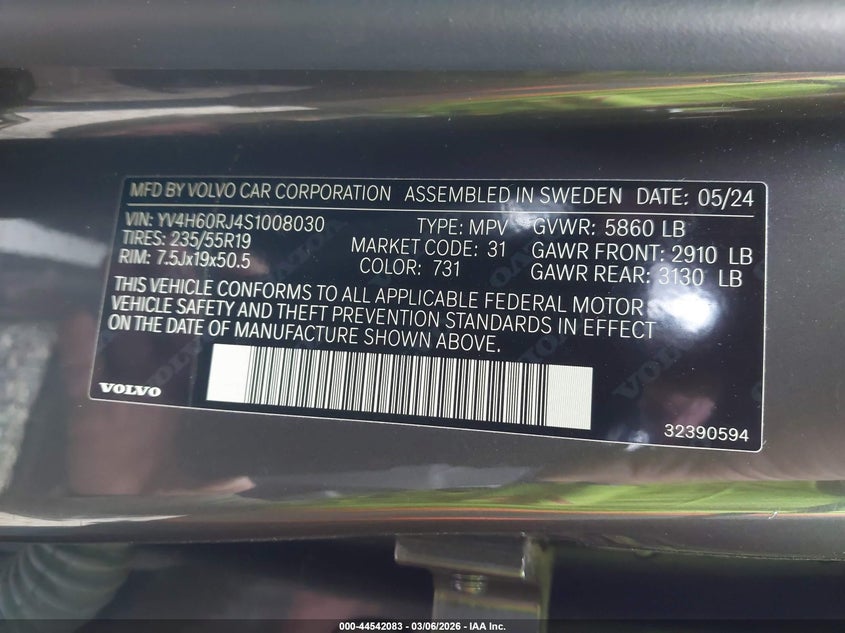 2025 VOLVO XC60 PLUG-IN HYBRID 2.0L I-4 DI, DOHC, V(VIN: YV4H60RJ4S1008030