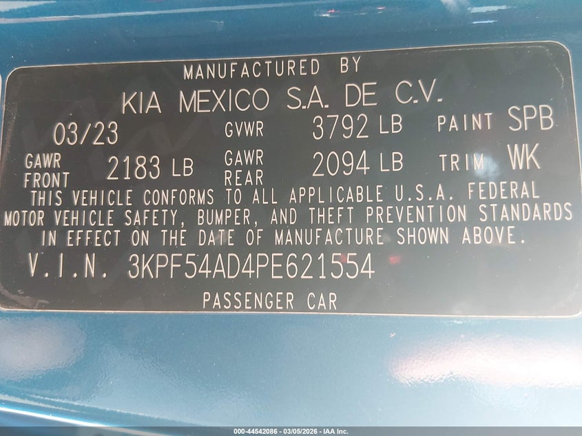 2023 KIA FORTE 2.0L I-4 DOHC, VVT, (VIN: 3KPF54AD4PE621554