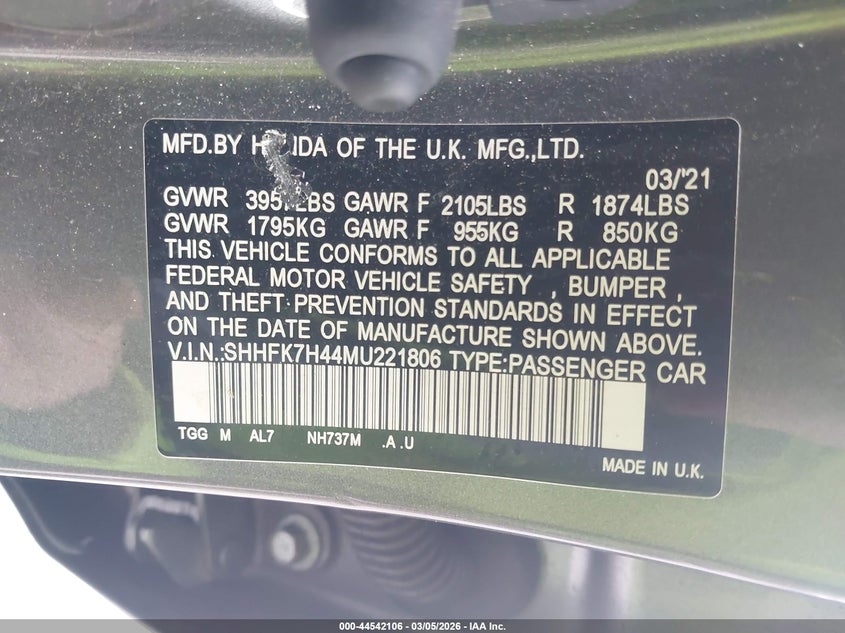 2021 HONDA CIVIC 1.5L I-4 DI, DOHC, V(VIN: SHHFK7H44MU221806