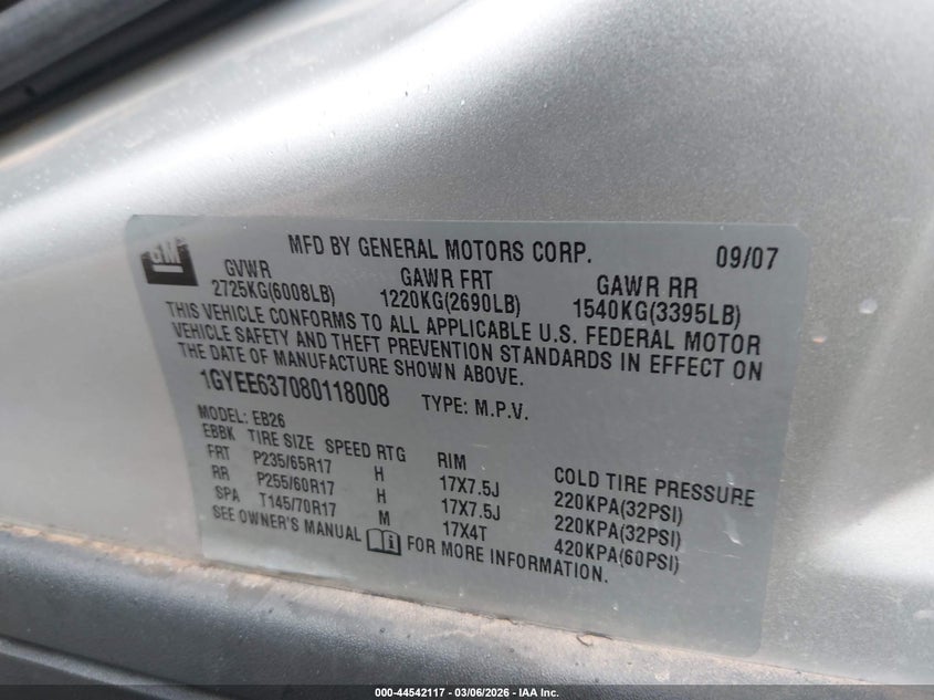 2008 Cadillac Srx V6 VIN: 1GYEE637080118008 Lot: 44542117