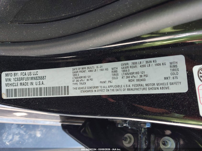 2021 RAM 1500 6.2L V-8 SUPERCHARGE(VIN: 1C6SRFU91MN826687