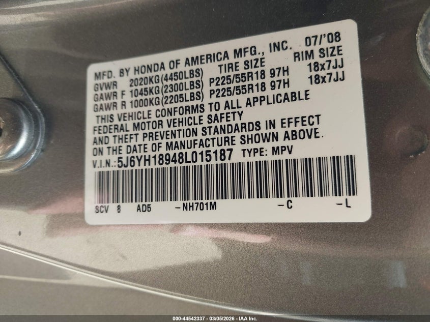 HONDA ELEMENT 2008 VIN 5J6YH18948L015187