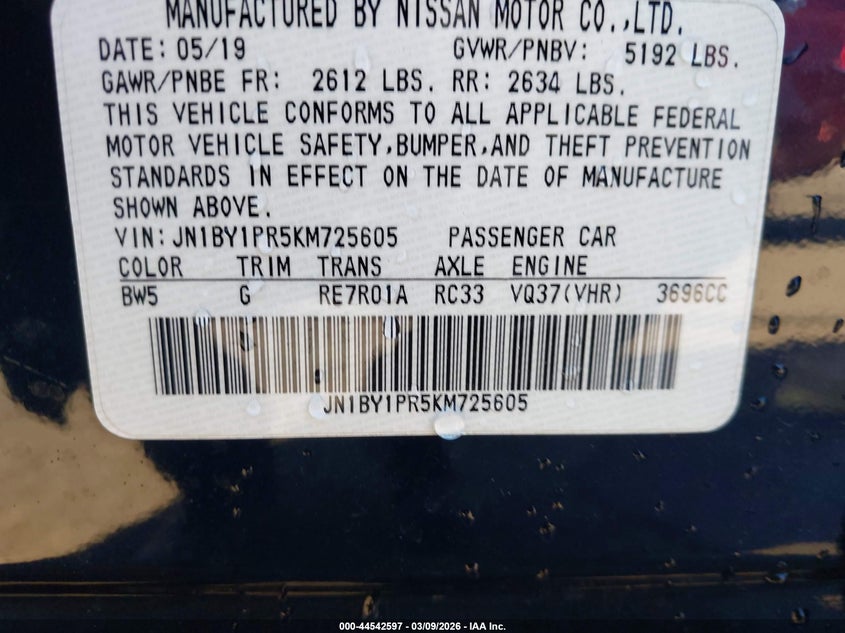 2019 Infiniti Q70L 3.7X Luxe VIN: JN1BY1PR5KM725605 Lot: 44542597