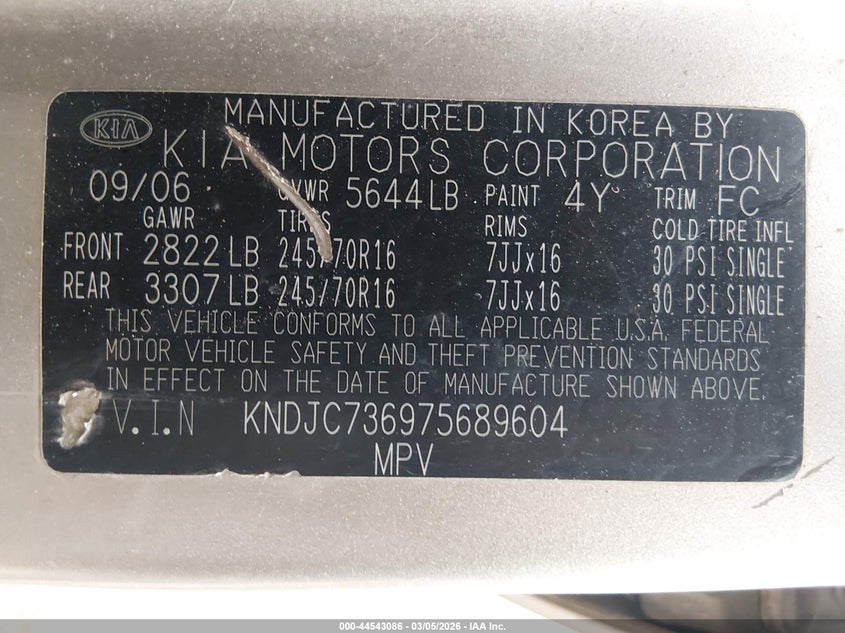 2007 Kia Sorento Lx VIN: KNDJC736975689604 Lot: 44543086