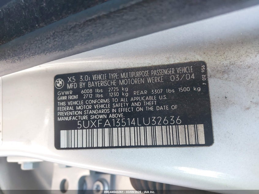 2004 BMW X5 3.0I VIN: 5UXFA13514LU32636 Lot: 44543261