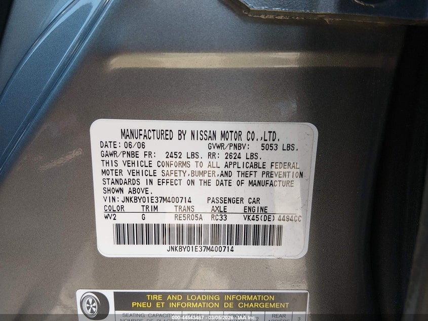 2007 Infiniti M45 Sport VIN: JNKBY01E37M400714 Lot: 44543487