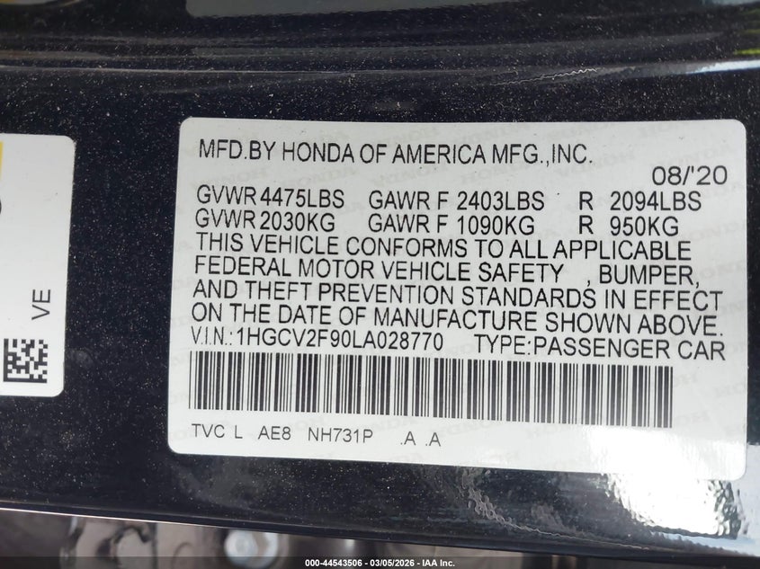 VIN 1HGCV2F90LA028770 2020 HONDA ACCORD TOURING