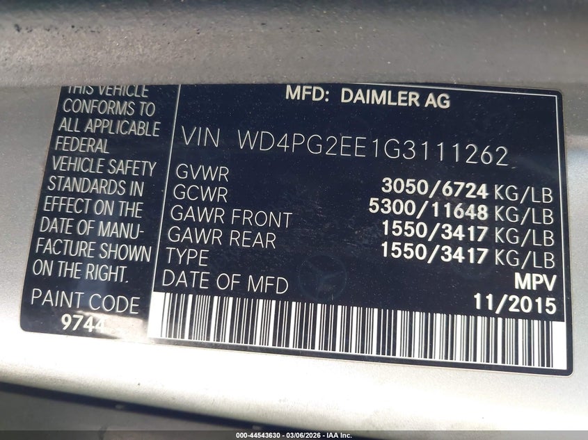 2016 Mercedes-Benz Metris VIN: WD4PG2EE1G3111262 Lot: 44543630