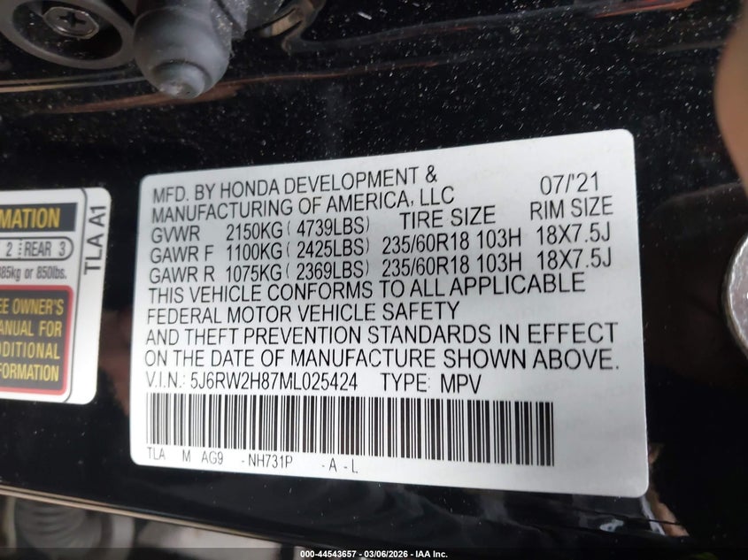 VIN 5J6RW2H87ML025424 2021 HONDA CR-V AWD EX-L