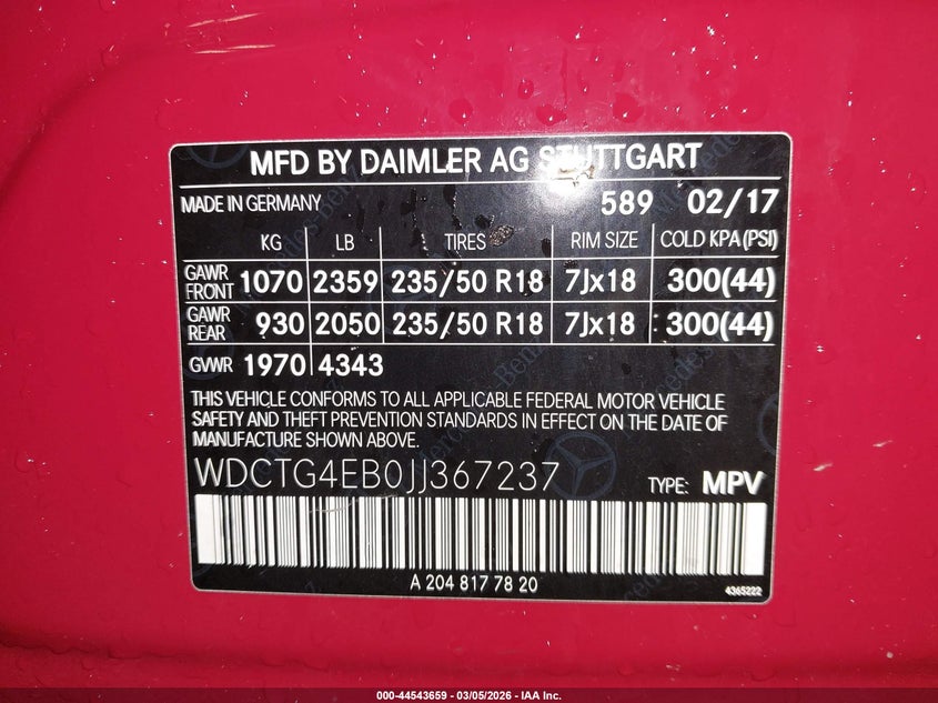 MERCEDES-BENZ GLA 250 2018 VIN WDCTG4EB0JJ367237
