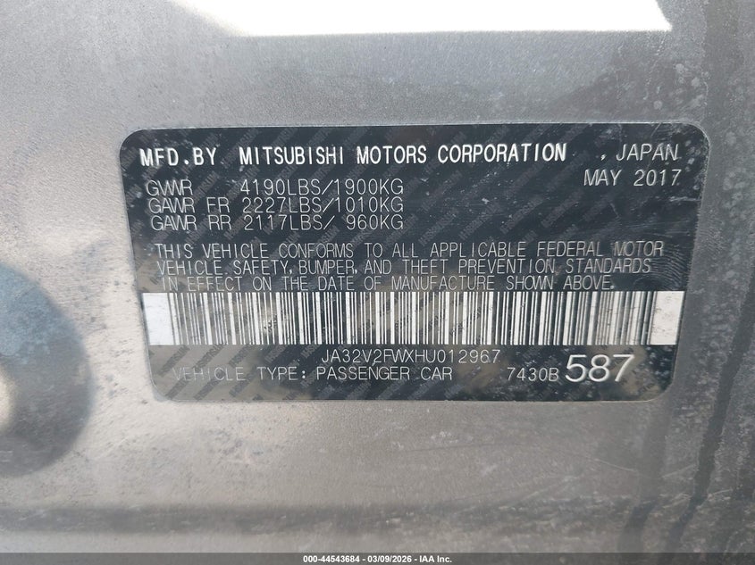 2017 Mitsubishi Lancer Es VIN: JA32V2FWXHU012967 Lot: 44543684